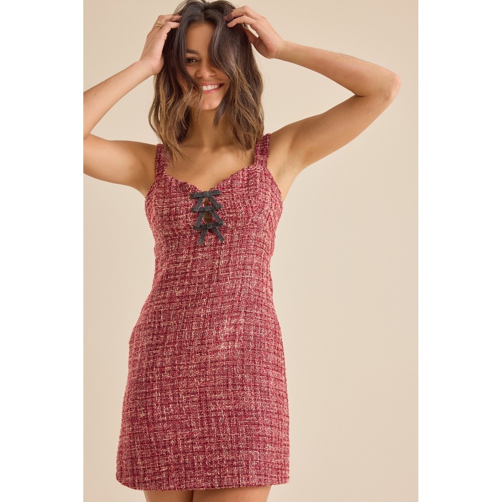 Altar'd State Tweed Boucle Mini Dress with Beaded Bow Accents Size Large‎